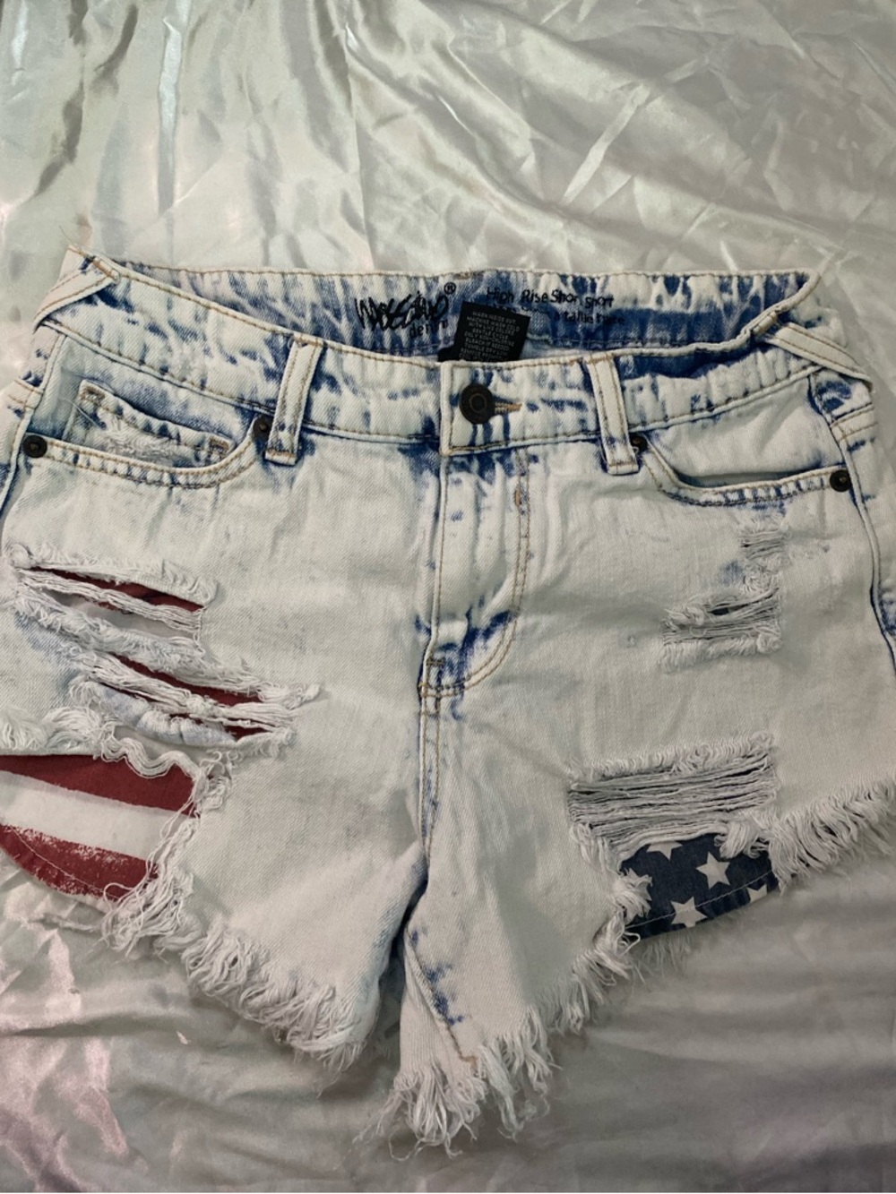 Massimo Light Blue Distressed Jean Shorts with Flag Patch